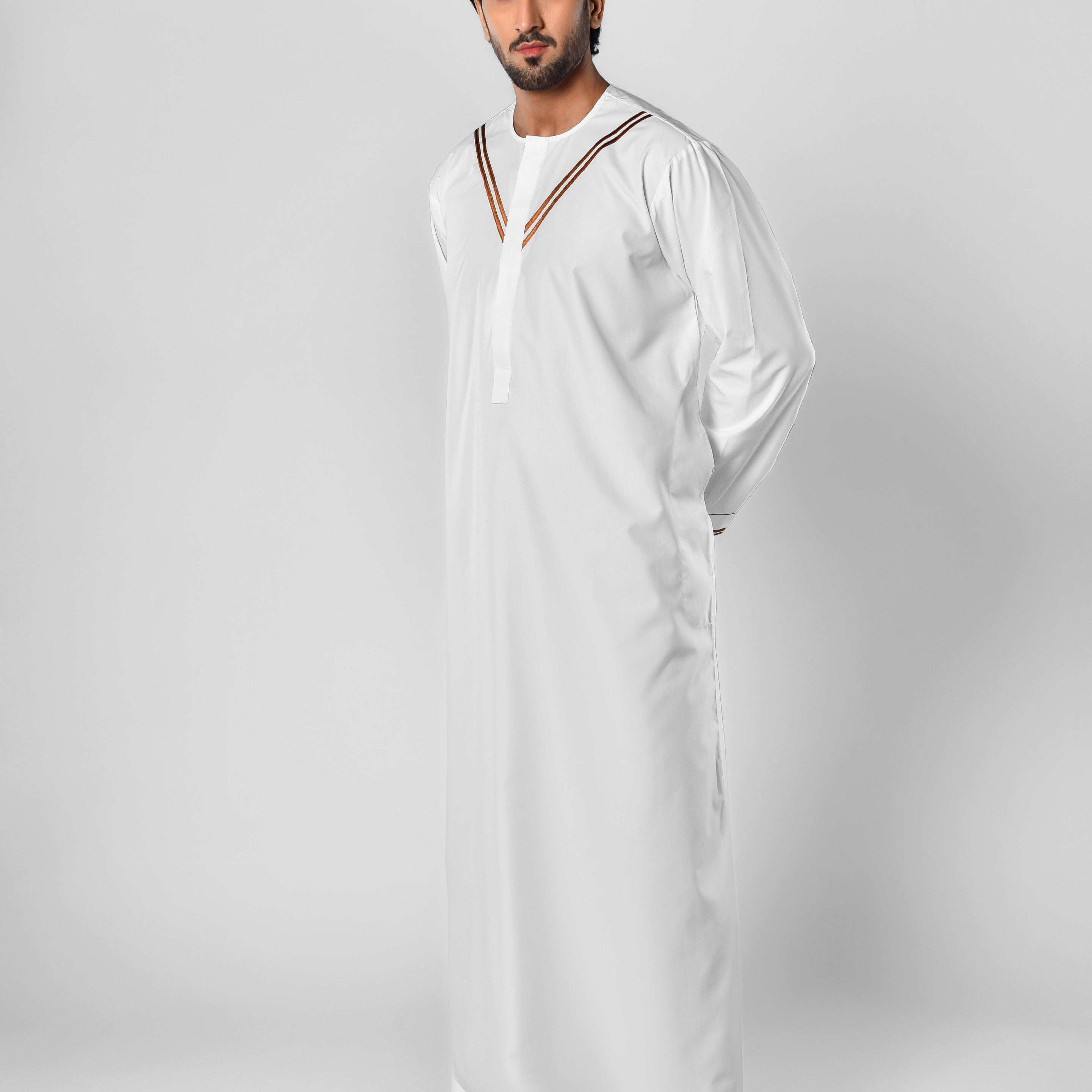 Mens White Thobe with Bronze Embroidery in UK