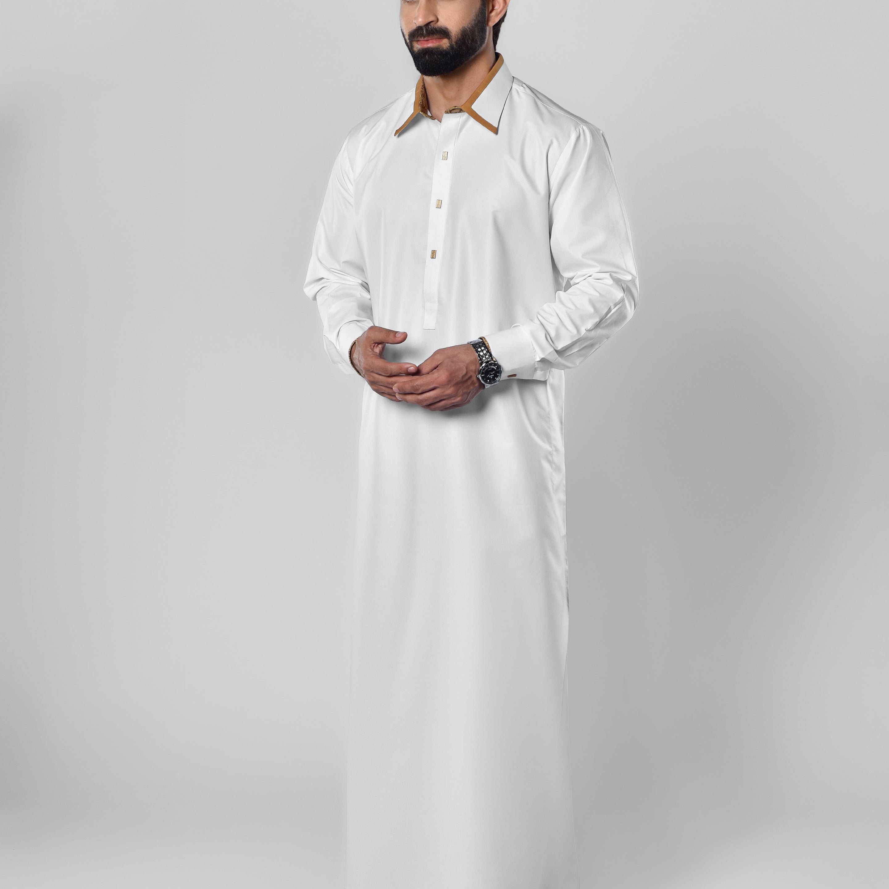 Mens White Thobe with Brown Trim in UK
