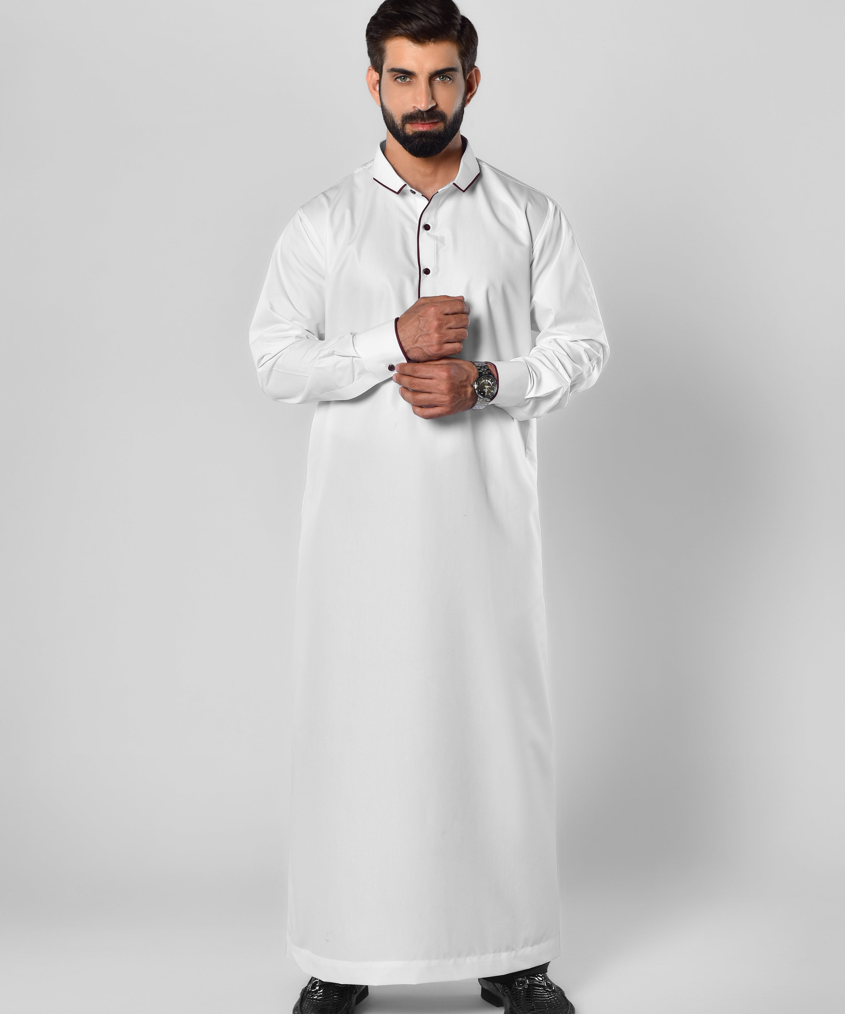 Mens White Thobes with Maroon Edging in UK