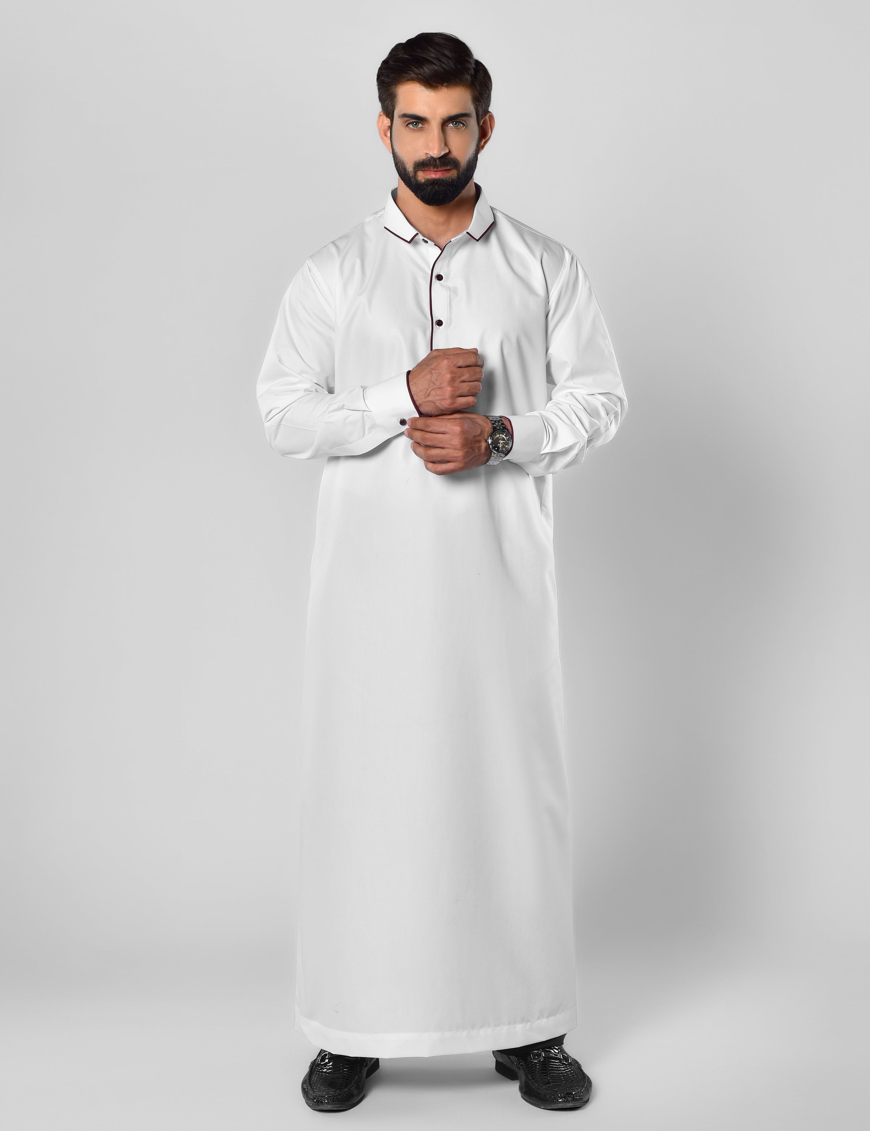 Mens White Thobes with Maroon Edging in UK
