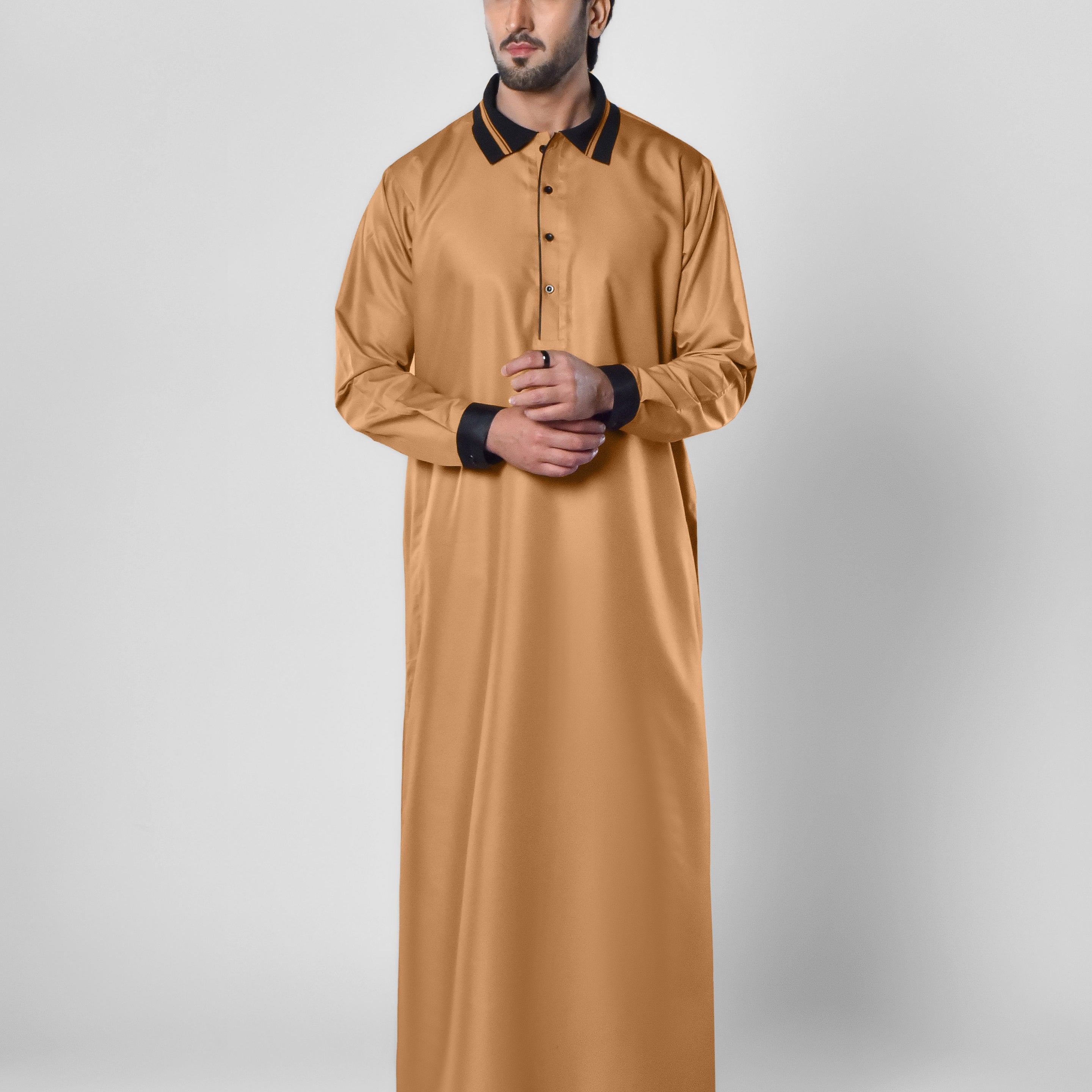 Smart Tan Thobe With Black Collar in UK