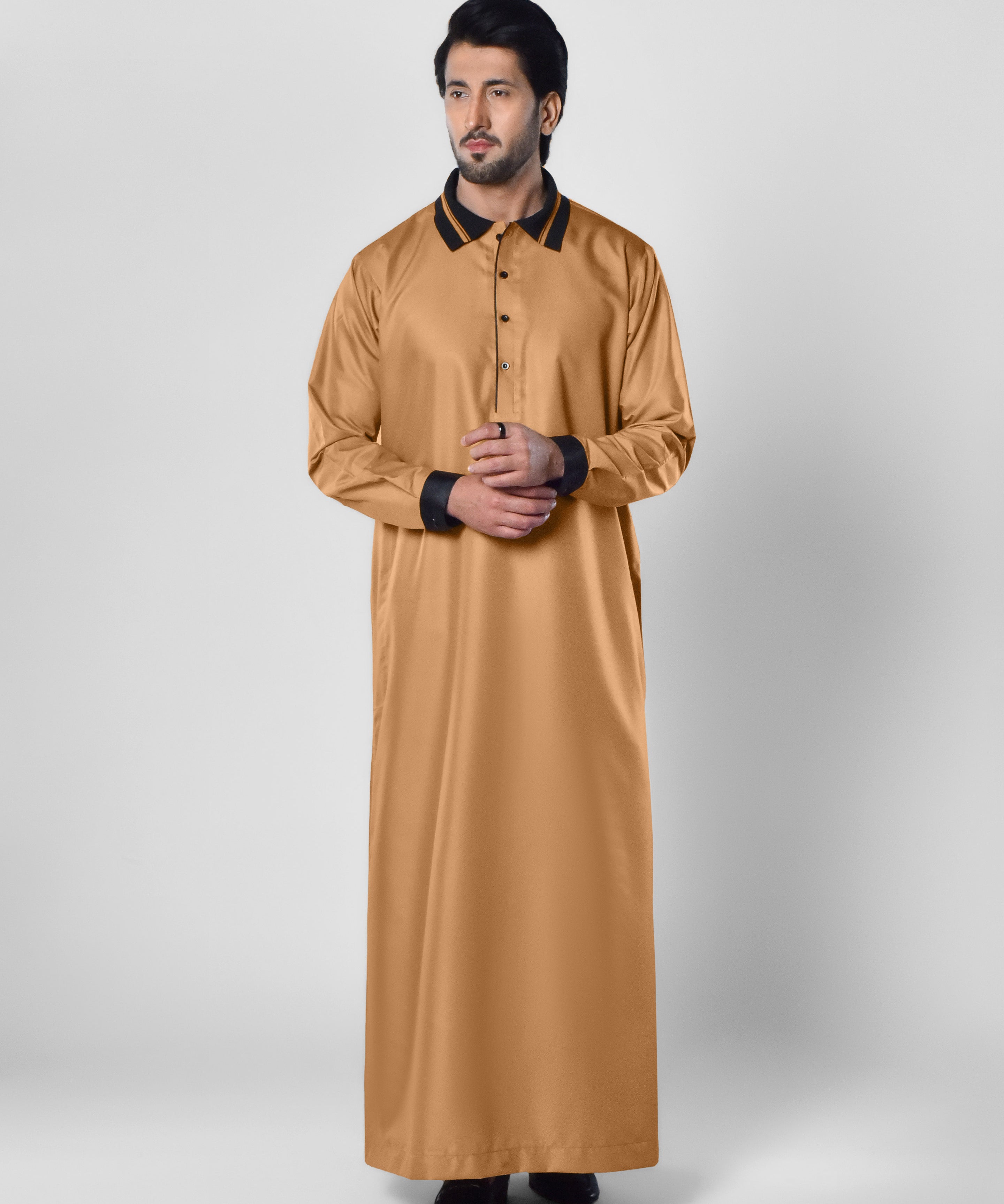 Tan Saudi Style Thobe with Black Collar in UK