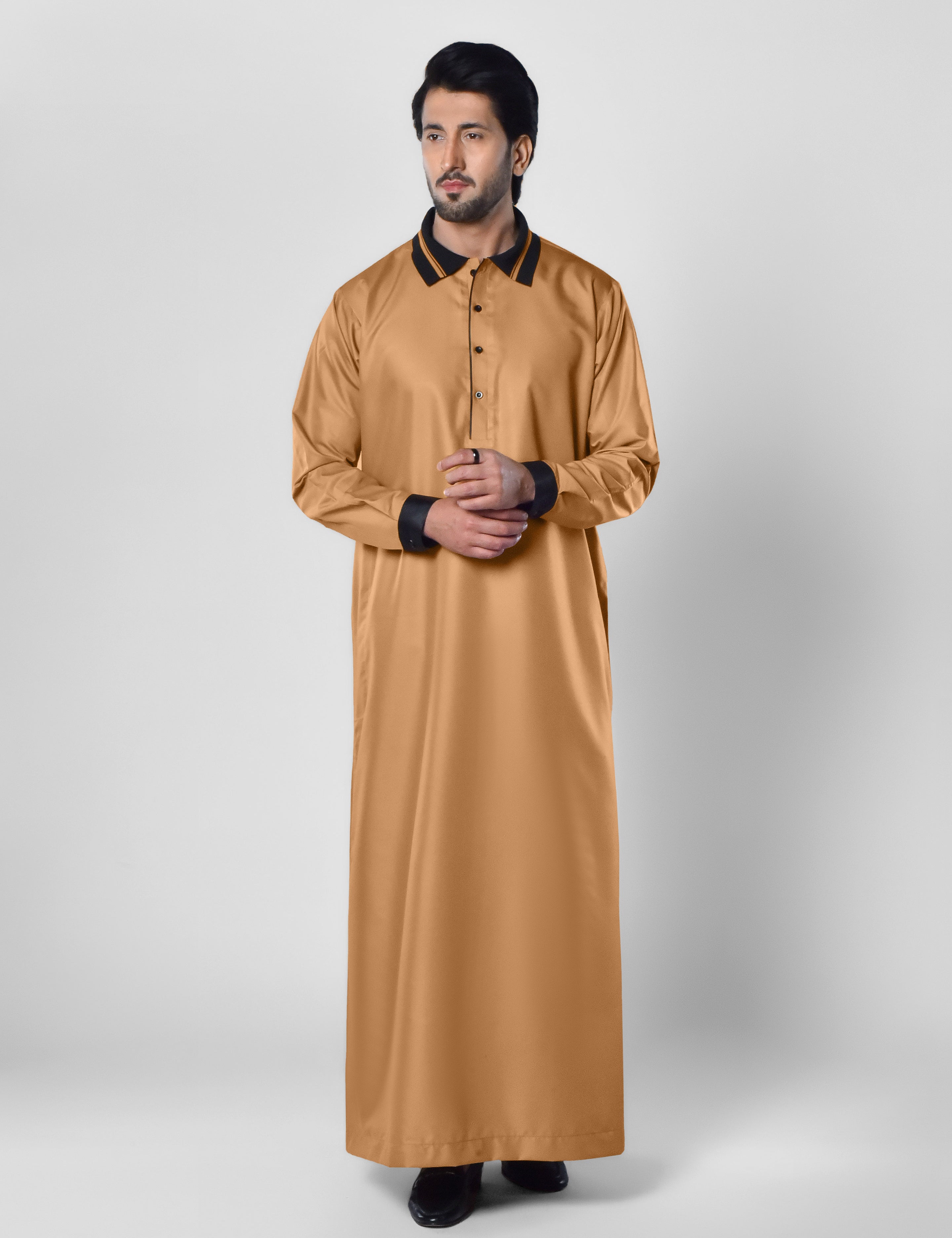 Tan Saudi Style Thobe with Black Collar in UK