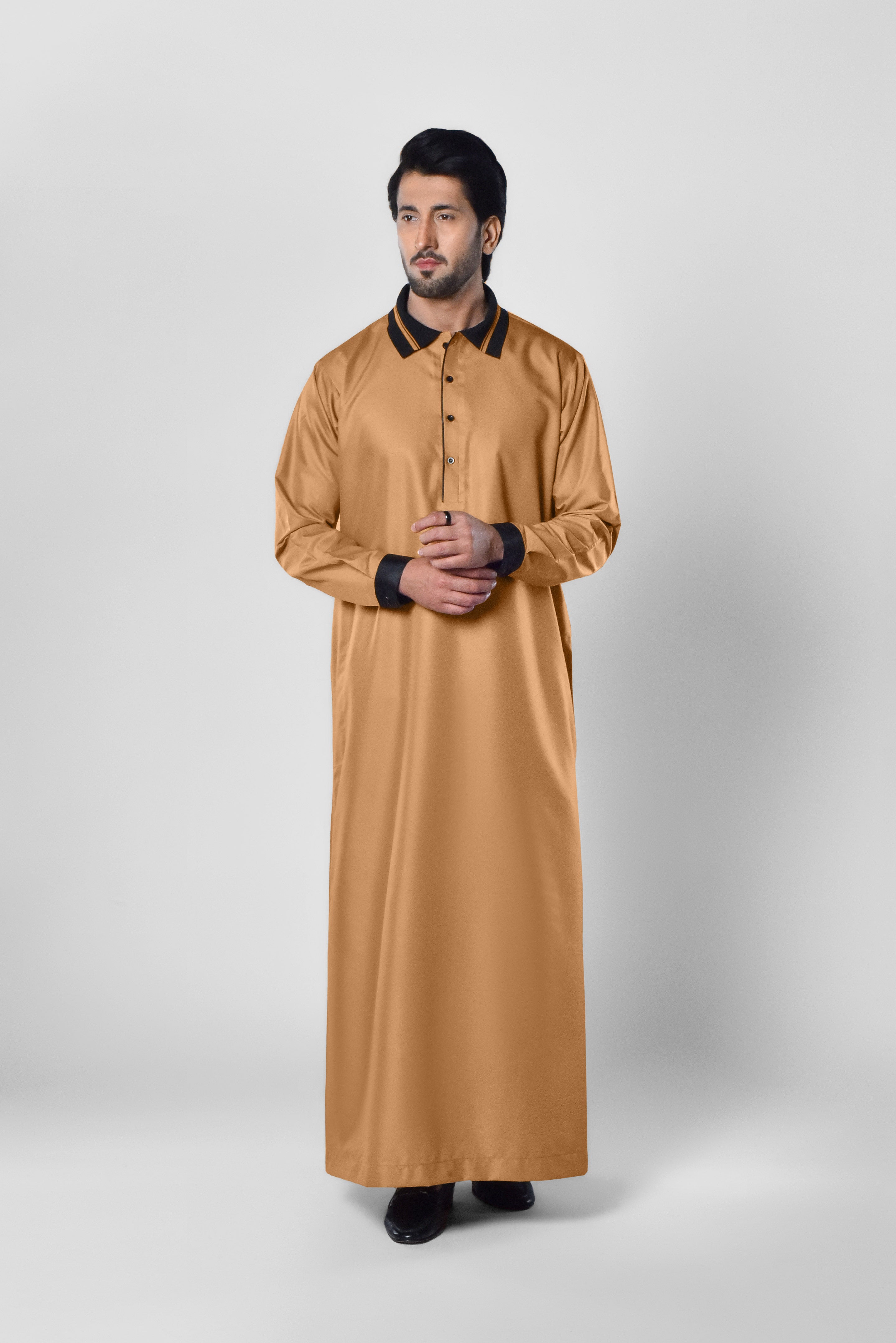 Tan Saudi Style Thobe with Black Collar in UK