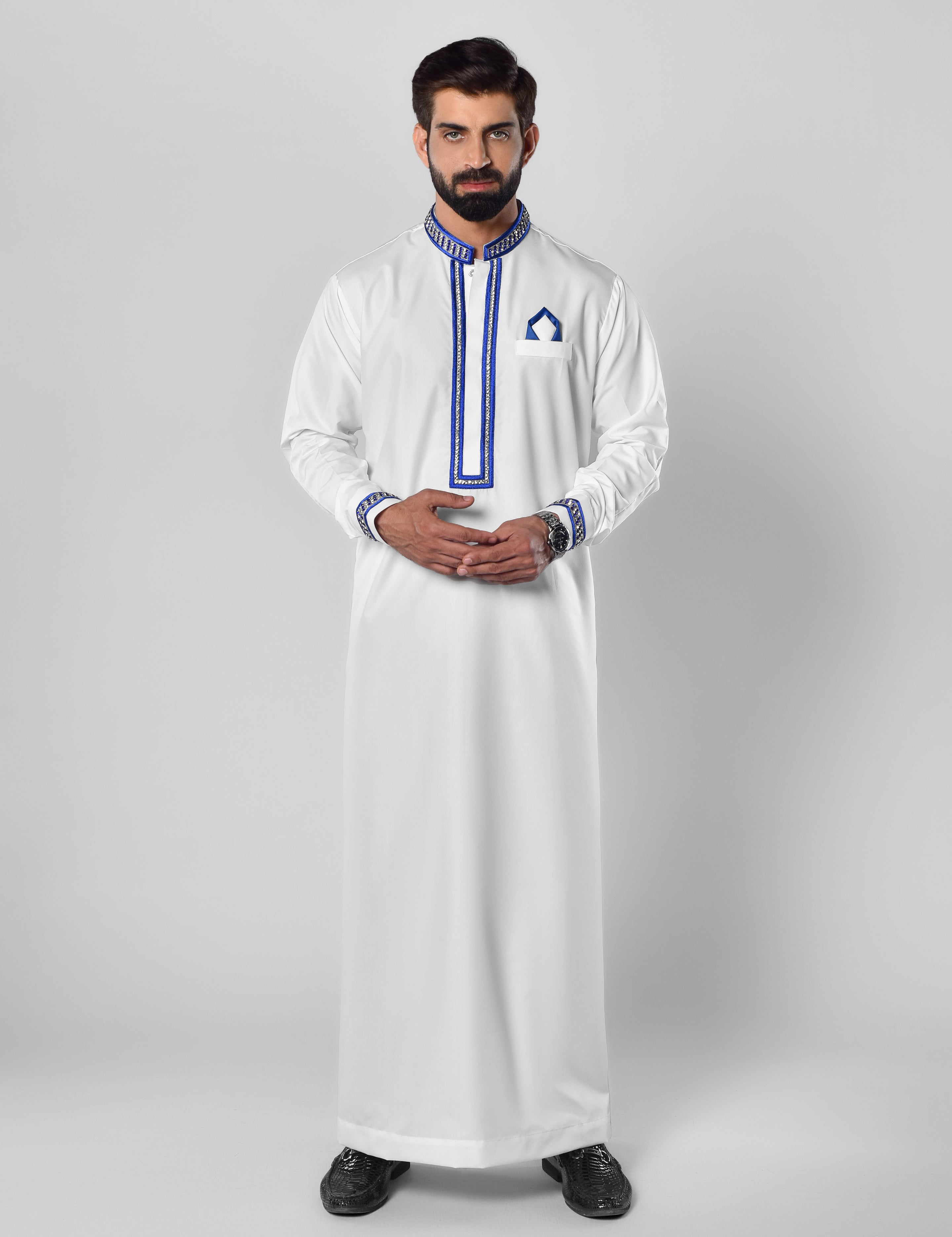 White Thobe with Royal Blue Embroidery