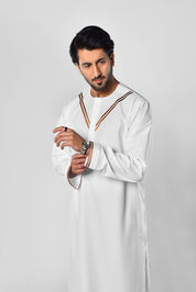 White Wedding Thobe with Bronze Detail in UK